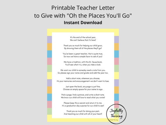 Dr. Seuss Teacher Letter Printable Keepsake Letter to Teacher Graduation Book Kindergarten Memento Digital Download