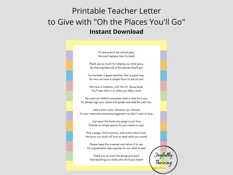 Teacher Letter for Oh the Places You'll Go by Dr. Seuss Letter to Give to Teachers with Dr. Seuss Book image 1