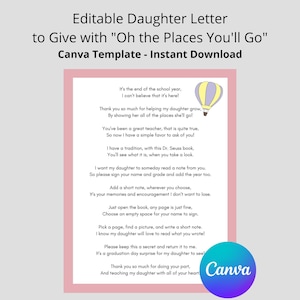 Editable Dr. Seuss Girl Letter for Daughter Oh the Places You'll Go Canva Template