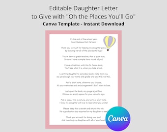 Editable Dr. Seuss Girl Letter for Daughter Oh the Places You'll Go Canva Template