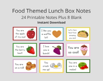 Mensagens para lancheira com tema de comida, incentivo para crianças, imprimíveis (download digital)