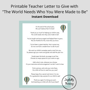 Carta de maestro para el mundo necesita para quién fuiste creado por Joanna Gaines / Carta para entregar a los maestros para que firmen el libro
