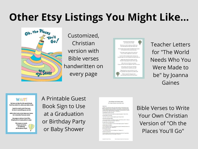 A collection of Etsy listings featuring printable designs based on the book "Oh, the Places You'll Go!" by Dr. Seuss. Keepsake gift Dr. Seuss book graduation gift personalized book gift kindergarten graduation high school senior gift college graduation
