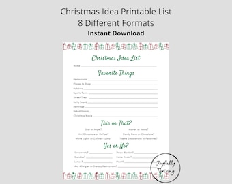 May include: A printable Christmas Idea List with the text "Christmas Idea Printable List" and "8 Different Formats Instant Download". The list includes sections for "Favorite Things" and "This or That?" with a decorative border of green and red gift boxes.