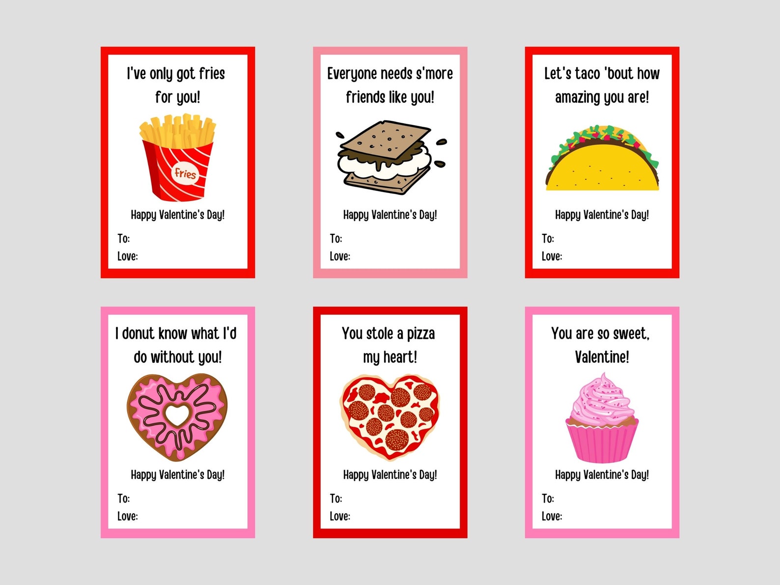 Food Valentine Cards Classroom Valentines Printable Etsy