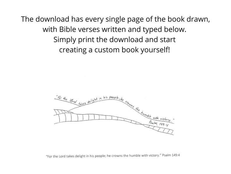 A black and white illustration of a mountain range with the text "For the Lord takes delight in his people; he crowns the humble with victory." Psalm 149:4 Bible Verse Placement Guide Printable Template Download Digital Instructions Scripture Writing Tutorial Custom Book Creation Christian Graduation Gift Memory Journal Project Handwritten Personalized Faith Based Keepsake DIY Religious