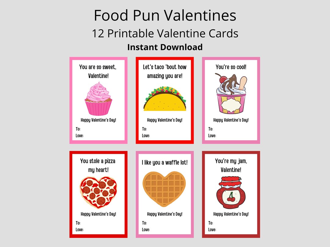 Food Pun Valentine Cards, Kids Classroom Valentines (digital Download ...