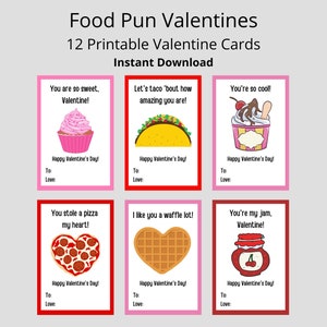 Food Theme Printable Valentine Cards Classroom Valentines Printable Valentines for Kids
