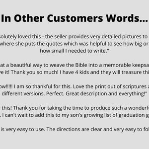 The text reads "In Other Customers Words..." followed by five customer reviews. The reviews are positive and praise the seller's products and services. Custom Christian Book Guide Template Printable Digital Download Scripture Verse Writing Instructions Bible Memory Journal Creation Tutorial Personalized Faith Based Gift DIY Religious Keepsake Handwritten Graduation Baptism Confirmation