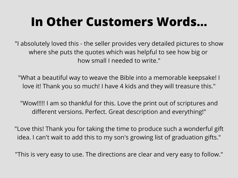 The text reads "In Other Customers Words..." followed by five customer reviews. The reviews are positive and praise the seller's products and services. Custom Christian Book Guide Template Printable Digital Download Scripture Verse Writing Instructions Bible Memory Journal Creation Tutorial Personalized Faith Based Gift DIY Religious Keepsake Handwritten Graduation Baptism Confirmation