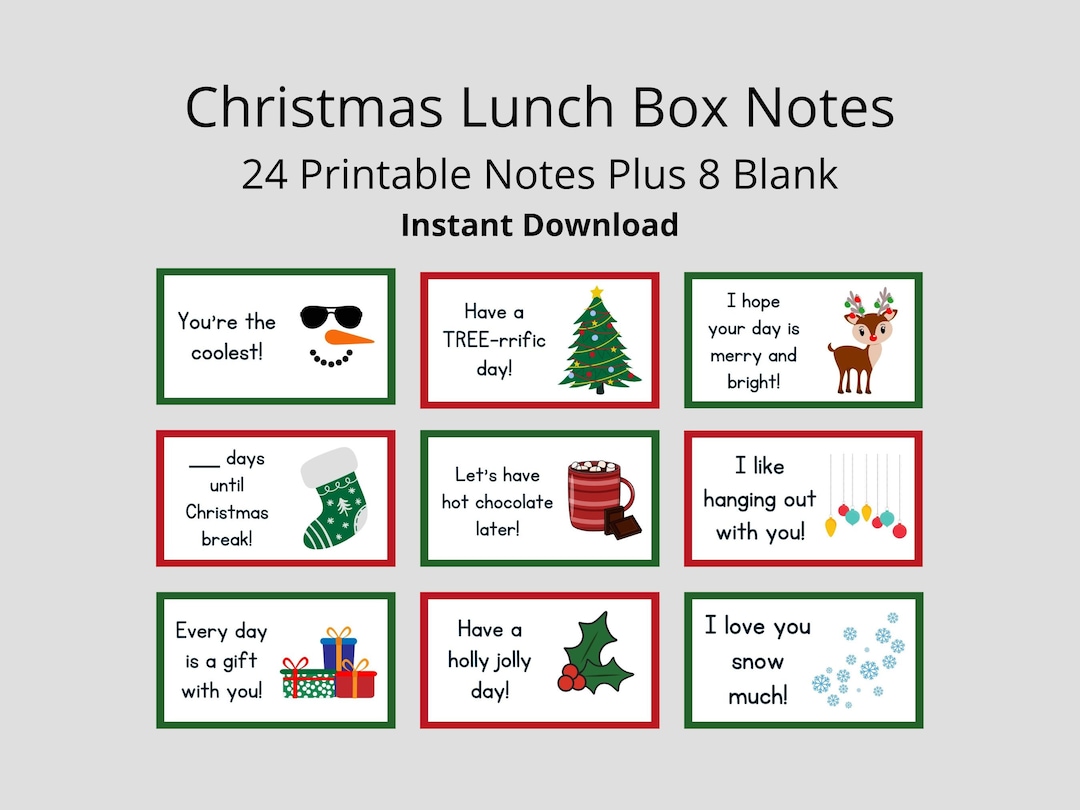 Printable Christmas Lunch Box Notes for Kids Holiday Notes for Kids