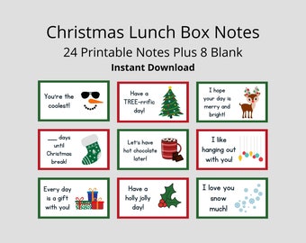 Christmas Lunch Box Notes for Kids Printable Holiday Cards (Digital Download)