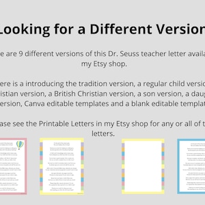 Nine different versions of a Dr. Seuss teacher letter available in an Etsy shop. The versions include a traditional version, a regular child version, a Christian version, a British Christian version, a son version, a daughter version, Canva editable templates, and a blank editable template. Teacher Appreciation Gift Digital Download Printable Letter Template Keepsake Graduation Book Companion Student Milestone Card Custom Kindergarten Through College Level End Of Year Classroom Thank You Note