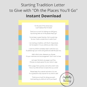 Carta de tradición de firma de libros inicial para regalar a los maestros con Oh, los lugares a los que irás, regalo de recuerdo del libro del Dr. Seuss, carta de jardín de infantes