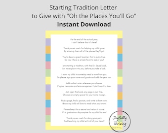 Dr. Seuss Teacher Letter, "Oh the Places You'll Go" Teacher Signing (Digital Download)