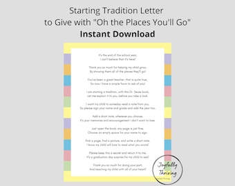 Starting Book Signing Tradition Letter to Give to Teachers with Oh the Places You'll Go Dr. Seuss Book Keepsake Gift Kindergarten Letter