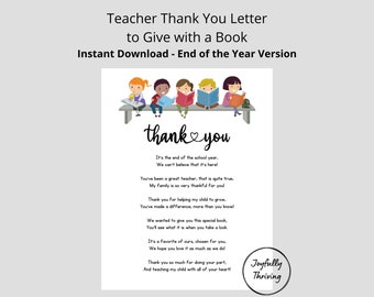 End of the Year Teacher Appreciation Gift Thank You Gift Printable Teacher Letter Preschool Teacher