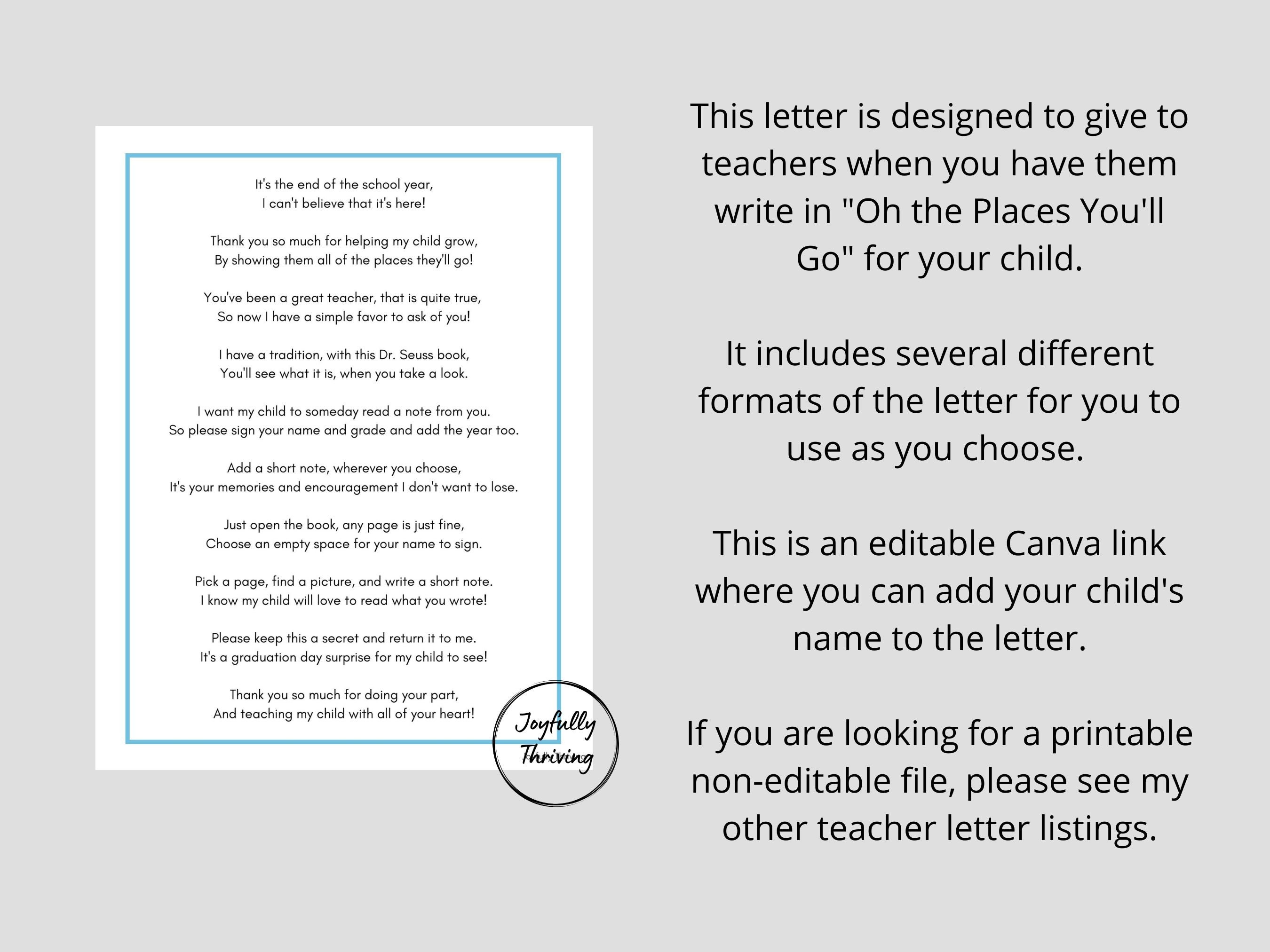 Dr. Seuss Teacher Letter Oh the Places You'll Go Editable Canva ...