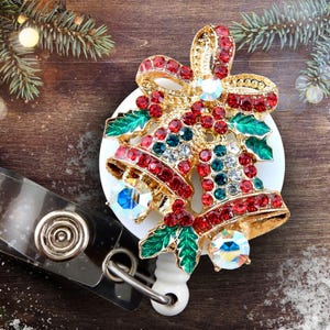 Christmas Bells Badge Reel – Holiday Retractable Badge Clip, Rhinestone ID Holder, Nurse Christmas Gift