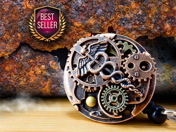 Badge Reel Caduceus, Steampunk ID Clip, Badge Holder, Men's Retractable Pull, Nurse Week Gift, RN Jewelry, Male, Doctor, Graduation, BSN