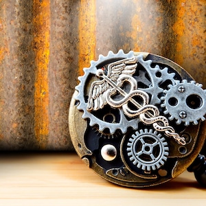 May include: A steampunk-style badge featuring a caduceus symbol with wings and a staff, surrounded by various gears. The badge has a metallic finish with silver, gold, and bronze tones, set against a textured, rusty background.