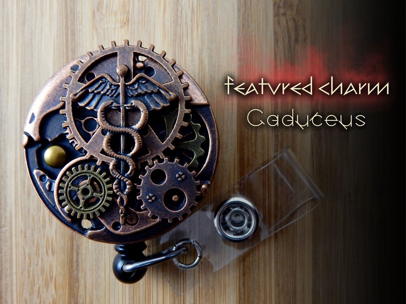 Badge Reel Caduceus, Steampunk ID Clip, Badge Holder, Men's Retractable Pull, Nurse Week Gift, RN Jewelry, Male, Doctor, Graduation, BSN image 2