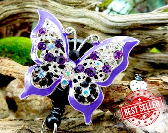 Purple Butterfly Badge Holder, Retractable Badge Reel, Rhinestone Retractable Badge Holder, Name Badge Holders, Nursing Badge Holder