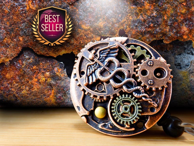 Badge Reel Caduceus, Steampunk ID Clip, Badge Holder, Men's Retractable Pull, Nurse Week Gift, RN Jewelry, Male, Doctor, Graduation, BSN image 1
