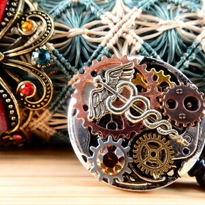 Badge Reel with Crystal • Steampunk Caduceus Badge Reel • Nurse Gift • Custom Retractable Badge Reel • Personalized RN Identification Reel