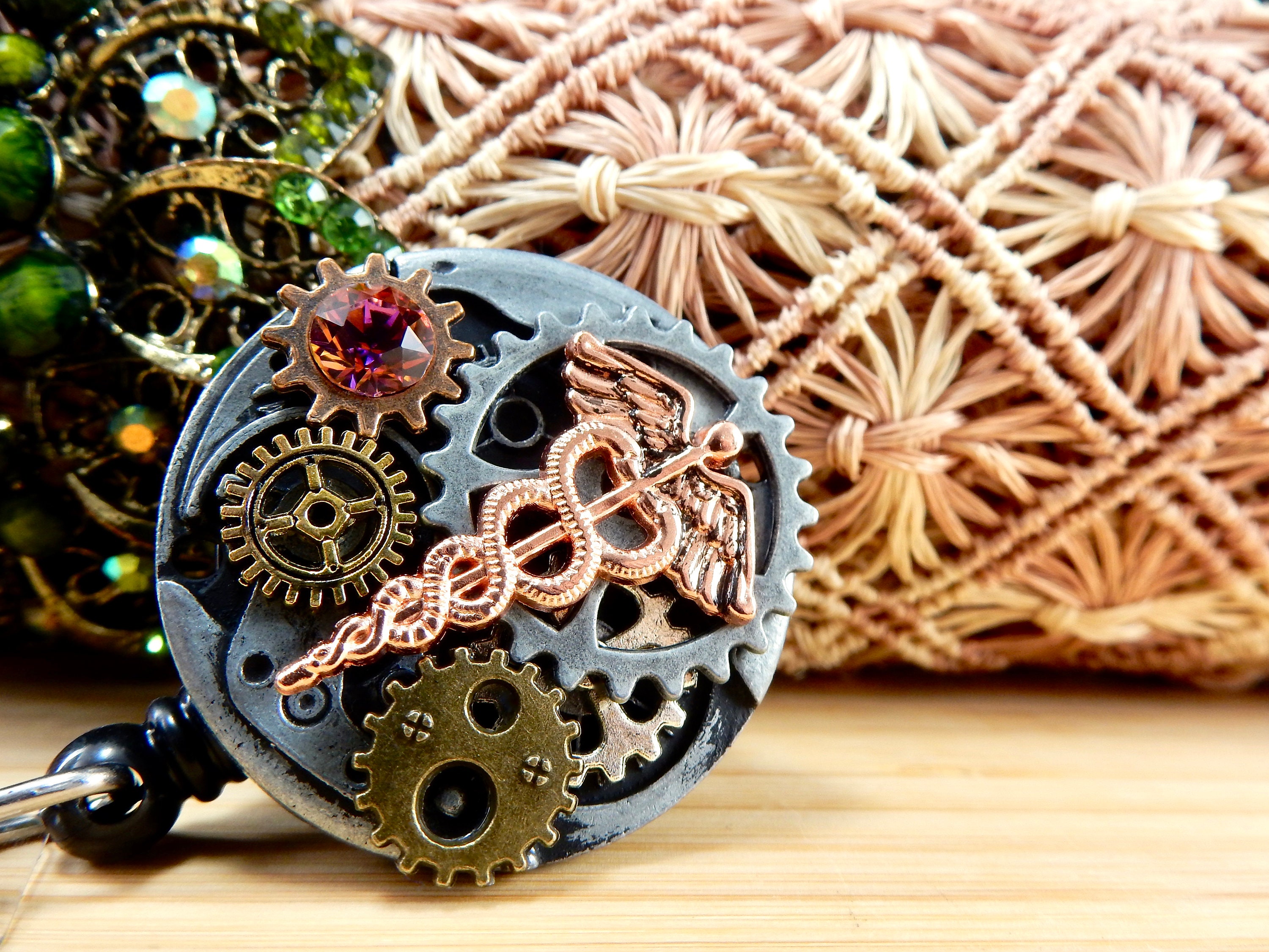 Personalized Caduceus Badge Reel • Steampunk Customized ID Holder • Nurse Gift • BSN Graduation Gift • Choose Your Rhinestone Badge Reel