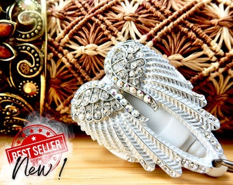 Porta badge con ali d'angelo, porta badge retrattile con ali d'angelo bianche, porta badge con strass, porta badge con angelo custode scintillante, regalo per infermiere