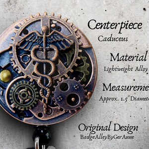 May include: A round, bronze-colored badge reel with a steampunk design. The centerpiece features a Caduceus symbol, gears, and a blue and gold color scheme. The diameter is approximately 1.5 inches.