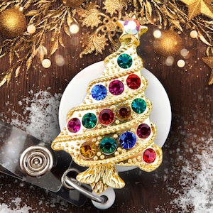 Christmas Tree Badge Reel – Holiday Rhinestone Retractable ID Holder for Nurses
