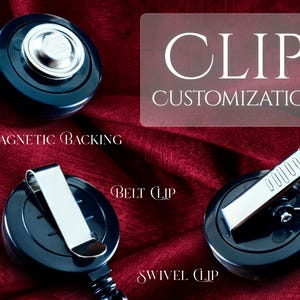 a variety of clip customization options, including magnetic backing, belt clip, swivel clip, and belt clip, all displayed on a red fabric background.