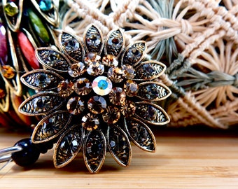 Flower ID Badge Reel, Retractable Nurse Badge Reel, Rhinestone Badge Reel, Women's Floral Design Badge Reel, Bling Flower Badge Reel