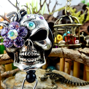 Gothic Skull Badge Holder, Sugar Skull Badge Reel, Goth Badge Clip, Retractable ID Clip, Rhinestone Skull Badge Reels, Name Badge Holder