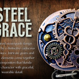 May include: Steampunk design with the text "STEEL GRACE". The design features a caduceus centerpiece, intricate gears, and layered elements. The color palette includes bronze, blue, and gold tones, creating a vintage aesthetic.