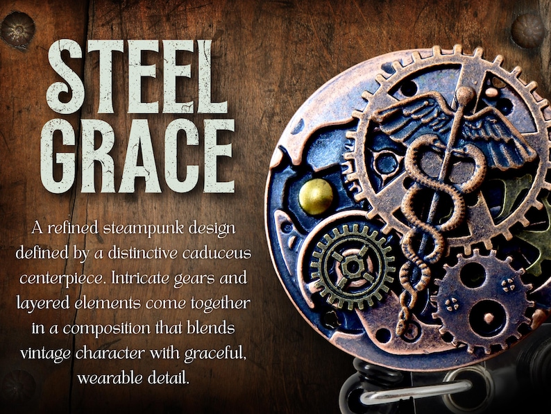 May include: Steampunk design with the text "STEEL GRACE". The design features a caduceus centerpiece, intricate gears, and layered elements. The color palette includes bronze, blue, and gold tones, creating a vintage aesthetic.
