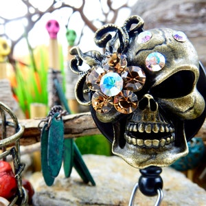 Bling Skull Badge Reel, Sugar Skull Badge Reel, Rhinestone Skull Badge Clip, Halloween Accessories for Nurses, Badge Pull, Name Badge Holder