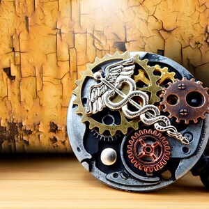 May include: A steampunk-style medical symbol featuring a silver caduceus with wings, set against a backdrop of bronze and copper gears. The design is mounted on a circular, metallic base, with a weathered, yellow-brown background.