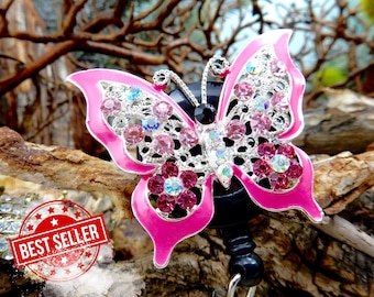 Pink Butterfly ID Holder, Badge Clip Butterfly Retractable, Decorative RN Badge Reel, Labor and Delivery Badge Reel, Badge Pull
