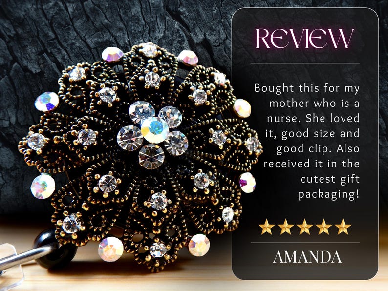 a decorative piece of jewelry with a floral design and numerous sparkling gemstones, including diamonds and crystals. The jewelry appears to be a brooch or a headband, and it is displayed against a dark background. The image also includes a review from Amanda, who loved the piece and received it as a gift in the cutest packaging.