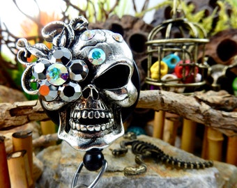 Skull Badge Holder, Halloween Badge Reel, Sugar Skull Retractable Clip, Freaky ID Badge Pull, Name Badge Reel, ID Badge Holder