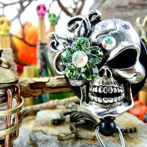 Rhinestone Skull Badge Holder, Halloween Badge Reel, Retractable Badge Clip, Nurse Gift Halloween, Name Badge Holder, RN Gift, Badge Pull