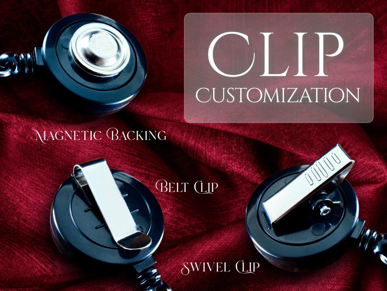 a variety of clip customization options, including magnetic backing, belt clip, swivel clip, and belt clip, all displayed on a red fabric background.