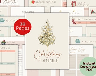 Puede incluir: Un planificador de Navidad imprimible de 30 páginas, con una ilustración de acuarela de un árbol de Navidad con luces. El planificador incluye secciones para planes de viaje, compras de comestibles, ideas de regalos para la familia, listas de verificación, seguimiento de gastos, listas de tareas pendientes y más. El texto "Christmas Planner" está escrito en una fuente cursiva.