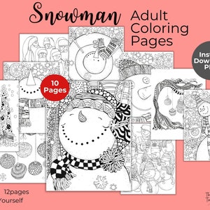 Libro para colorear de Navidad para adultos, páginas para colorear de Navidad para adultos, páginas para colorear de muñecos de nieve, colorear digital, página para colorear para adultos