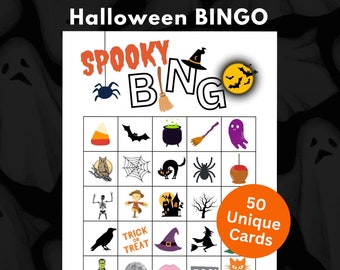 Halloween Bingo Game: 50 Unique Printable Cards (Digital Download)