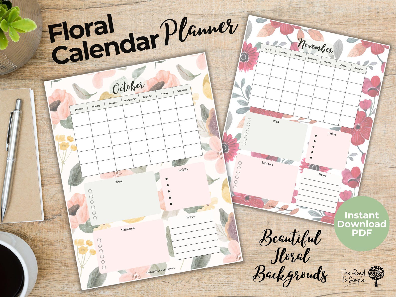 Floral Monthly Calendar Planner: Undated Printable (digital Download ...