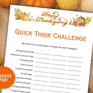Thanksgiving Quick Think Challenge - Friendsgiving - Thanksgiving Game  - Thanksgiving Office Party - Thanksgiving Family Games